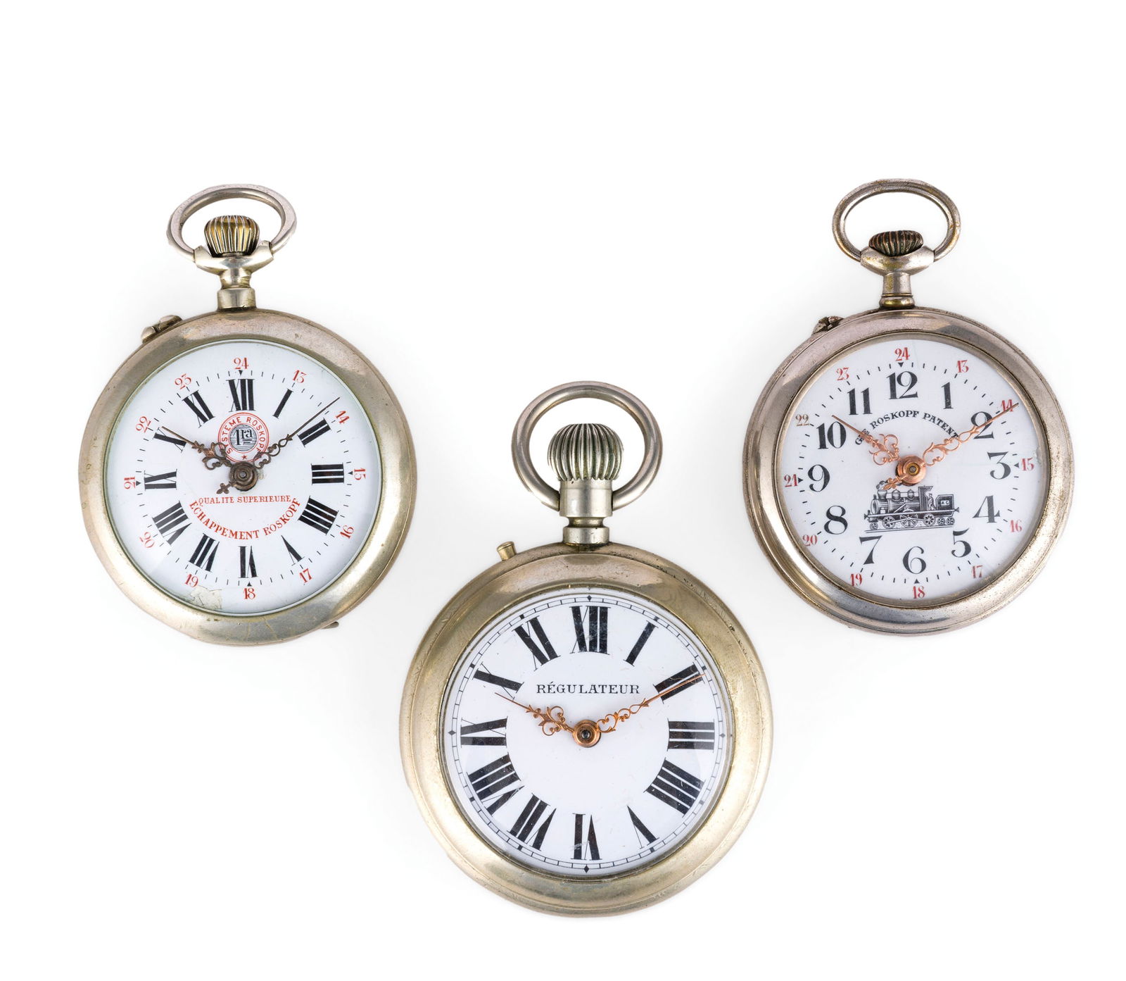 LOTTO DI TRE OROLOGI DA TASCA IN METALLO ROSKOPF E (1 of 2)