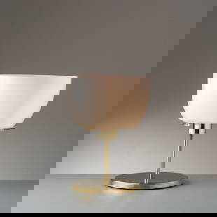 ANGELO OSTUNI, RENATO FORTI: Lampada da tavolo. Ottone, metacrilato colorato, vetro lattimo, plexiglass trasparente. Produzione Oluce, fine anni '50. cm 42x30 A TABLE LAMP BY A. OSTUNI & R. FORTI T. Braeuniger, O-Luce di Giuseppe