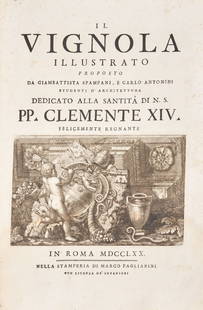 BAROZZI DA VIGNOLA, Giacomo (1507-1573). Il Vignola: illustrato proposto da Giambattista Spampani. Rome: Marco Pagliarini, 1770. First edition in this form, edited by Giambattista Spampani and Carlo Antonini, including Vignola's influential 1562 essay