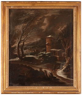 BARTOLOMEO PEDON: (Venezia, 1665 - 1732) Paesaggio invernale Olio su tela, cm 76X63 Provenienza: Italia, collezione privata Bartolomeo Pedon in quest'opera esprime l'influenza di Marco Ricci, ma ancor più dei