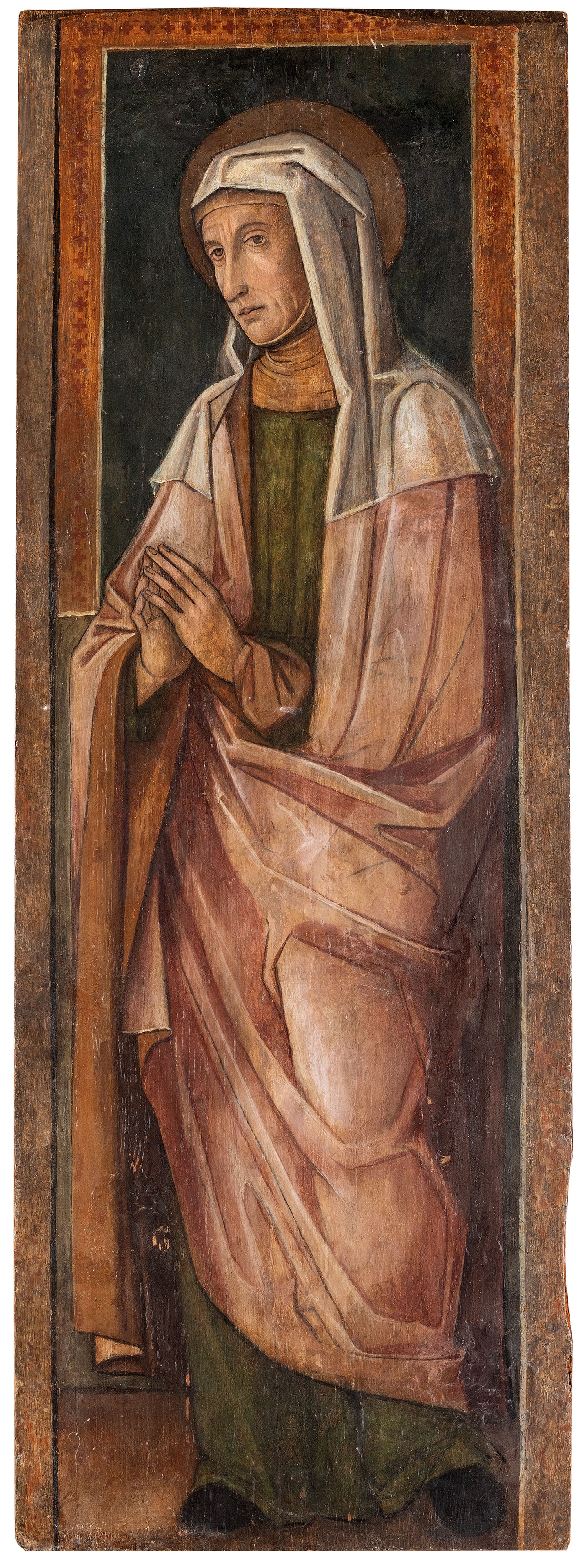 GENTILE BELLINI (cerchia di): (Venezia, 1429 - 1507) Figura di santa Olio su tavola, cm 118,5X41 Provenienza: Milano, collezione Poletti Torino, mercato antiquario Collezione privata Bibliografia: Archivio Zeri, n. 27019 (come ano