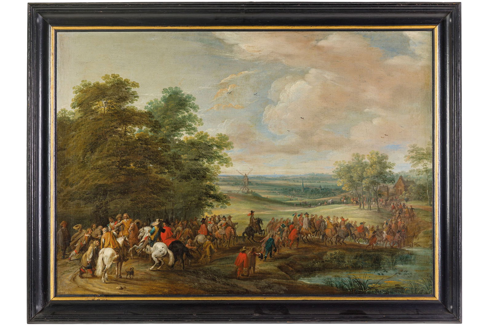 ADAM FRANS VAN DER MEULEN: (Bruxelles, 1632 - Parigi, 1690) Paesaggio con soldati Firmato e datato 16(...)4 Olio su tela, cm 80,5X116 Provenienza: Belgio, collezione privata Parigi, mercato antiquario Torino, Galleria Caretto M
