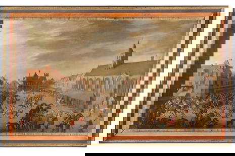 JOOST CORNELISZ DROOCHSLOOT: (Utrecht, 1585/86 - 1666) Veduta della piazza di Amersfoort con soldati Monogrammato JC DS e datato 1637 Olio su tela, cm 92X163 Provenienza: Collezione privata Londra, Philips, 5 dicembre 1995, lotto