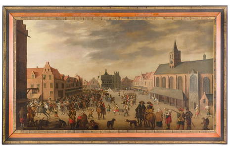 JOOST CORNELISZ DROOCHSLOOT: (Utrecht, 1585/86 - 1666) Veduta della piazza di Amersfoort con soldati Monogrammato JC DS e datato 1637 Olio su tela, cm 92X163 Provenienza: Collezione privata Londra, Philips, 5 dicembre 1995, lotto