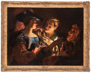 JOACHIM VON SANDRART: (Francoforte sul Meno, 1606 - Norimberga, 1688) Scena allegorica Olio su tela, cm 85X111 Provenienza: Collezione privata Già riferito a Gerrit van Honthorst, il dipinto è stato ricondotto al