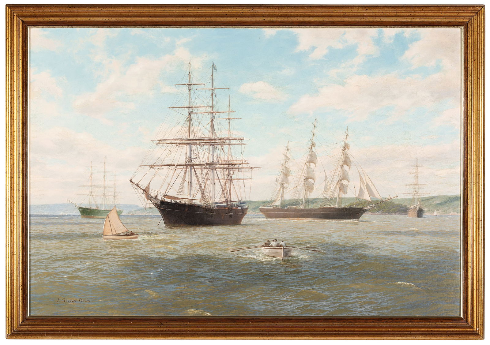 JOHN STEVEN DEWS: Gran Bretagna, 1949 Marina con velieri Firmato J. Steven Dews in basso a sinistra Olio su tela, cm 61X92,5 Provenienza: Italia, collezione privata John Steven Dews è nato a Beverley, nello Yorksh