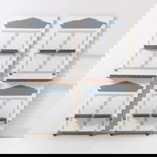LAPO BINAZZI: Due etagères per il Negozio Luce 3, Firenze. Legno, laminato serigrafato. anni '80.cm 228x90x25 TWO ETAGERES BY L. BINAZZI Cfr. :AA. VV. Ufo Story, Dall'Architettura radicale al Design globale, catal