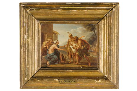 VINCENZO CAMUCCINI: (Roma, 1771 - 1844) Paride fanciullo consegnato da Ecuba al pastore Achelao Olio su carta applicata su cartone, cm 16X20 Inscritto sul verso: Camuccini. Il dipinto è un modelletto in piccolo per