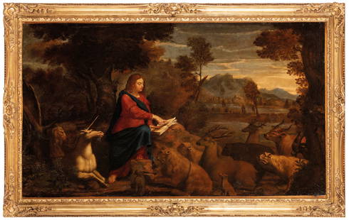 GIOVANNI FRANCESCO GRIMALDI (attr. a): (Bologna, 1605/1606 - 1680) San Giovanni Battista predica agli animali Olio su tela, cm 79,5X137 Provenienza: Collezione privata Il dipinto descrive una tipologia paesistica tipica della scuola romana