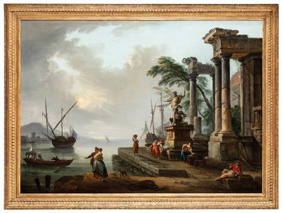 JEAN BAPTISTE LALLEMAND: (Digione, 1716 - Parigi, 1803) Veduta del golfo di Napoli di fantasia con le rovine di un tempio classico, figure e vascelli Olio su tela, cm 101X138 Provenienza: New York, Christie's, 19 ottobre 2006