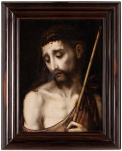 LUIS DE MORALES detto Il DIVINO: (Badajoz, 1520 circa - 1586) Ecce Homo Olio su tavola, cm 37,5X27,6 Provenienza: Londra, Christie's, 8 dicembre 2004, lotto 93 (come Luis de Morales/https://www.christies.com/en/lot/lot-4417337) Colle