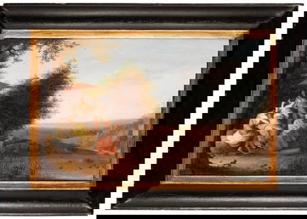 CORNELIS WILLAERTS: (Utrecht, 1600 - 1666) Il ritrovamento di Mosè Firmato e datato in basso a sinistra: C. WILLARTS 1645 Olio su tavola, cm 34X54,5 Provenienza: New York, Christie's, 24 aprile 1995, lotto 104 (come