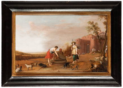 CORNELIS WILLAERTS: (Utrecht, 1600 - 1666) Giacobbe e Rachele al pozzo Firmato in basso a destra Olio su tavola, cm 34X54 Provenienza: New York, Christie's, 24 aprile 1995, lotto 104 (come Cornelis Willaerts) New York, S