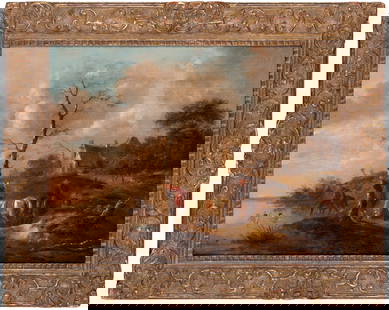 NICOLAES (KLAES) MOLENAER: (Haarlem, 1630 - 1676) Paesaggio fluviale con cavalieri e bagnanti Olio su tavola, cm 41X55 Provenienza: Amsterdam, Sotheby's, 11 marzo 2003, lotto 52 (come Nicolaes Molenaer) Collezione privata Bibli