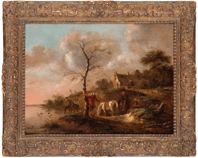 NICOLAES (KLAES) MOLENAER: (Haarlem, 1630 - 1676) Paesaggio fluviale con cavalieri e bagnanti Olio su tavola, cm 41X55 Provenienza: Amsterdam, Sotheby's, 11 marzo 2003, lotto 52 (come Nicolaes Molenaer) Collezione privata Bibli