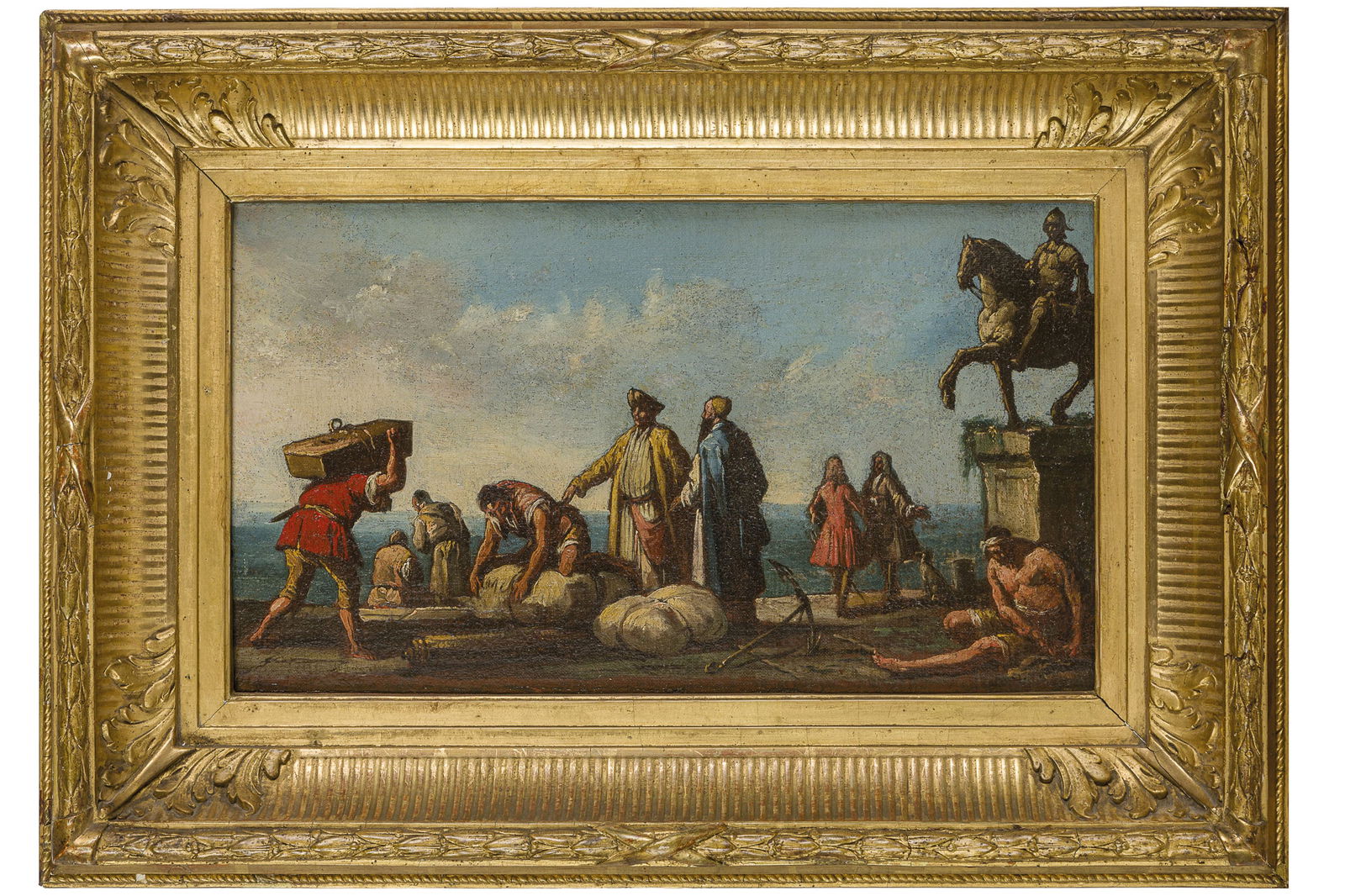 GASPARE DIZIANI: (Belluno, 1689 - Venezia, 1767) Bozzetto raffigurante mercanti Olio su tela applicata su tavola, cm 20,3X36,7 Di bella qualità e conservazione, la tela è un bozzetto in cui l'autore pone in