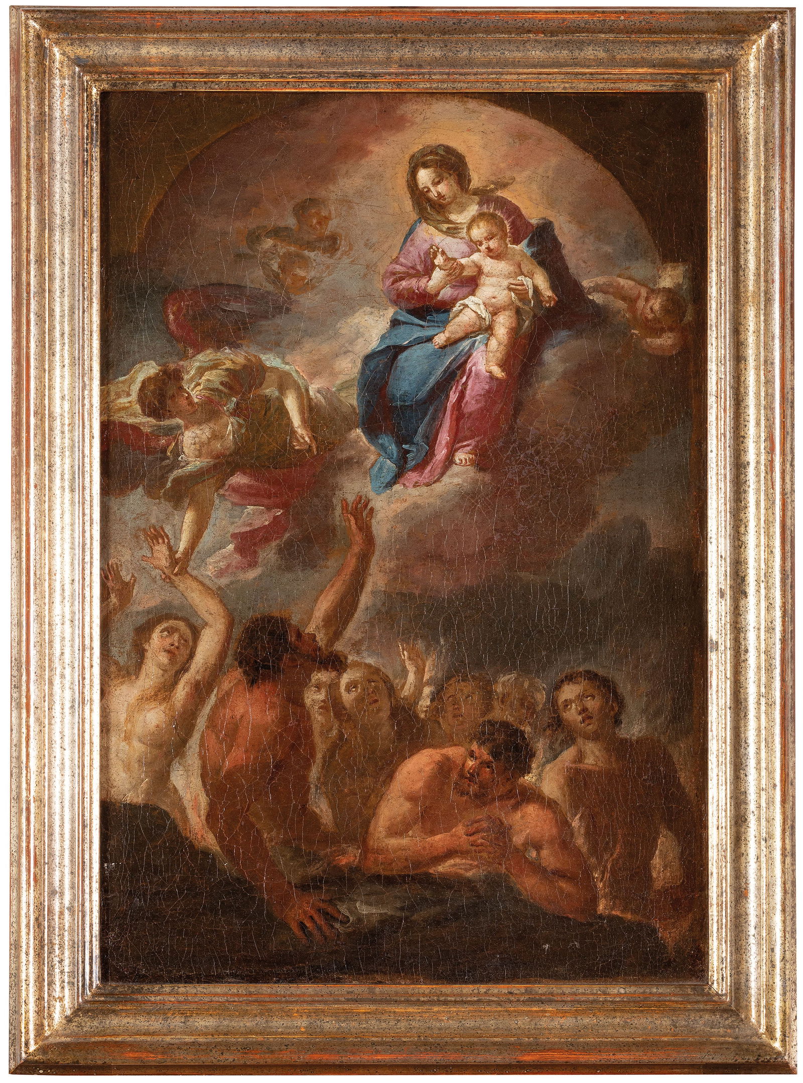 PAOLO DE MATTEIS: (Piano del Cilento, 1662 - Napoli, 1728) Bozzetto raffigurante la Madonna con il Bambino e le anime purganti, 1710 circa Olio su tela, cm 54,5X36,5 Provenienza: Roma, collezione privata Paolo de Matte