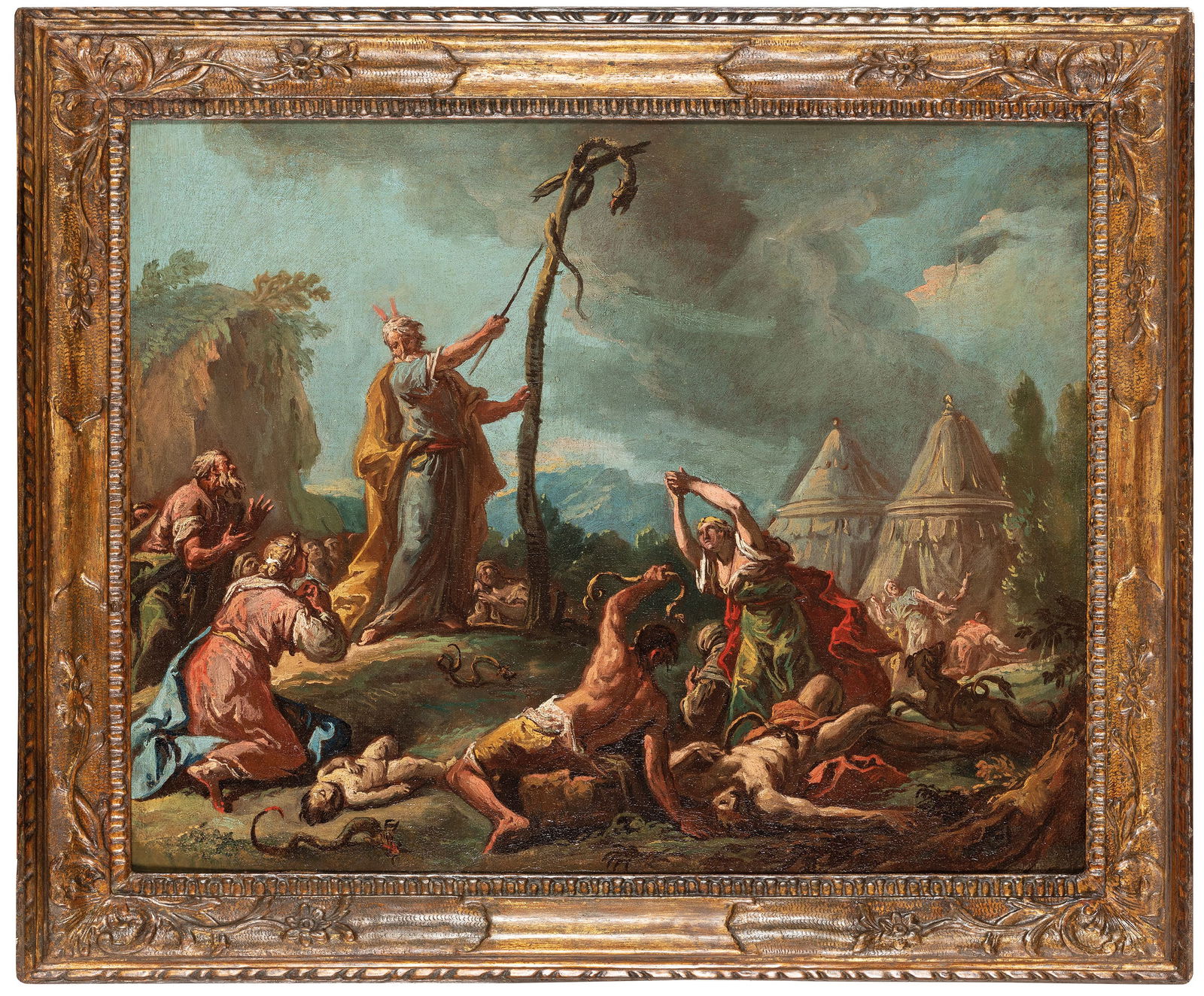 GASPARE DIZIANI: (Belluno, 1689 - Venezia, 1767) Mosè e il serpente di bronzo Olio su tela, cm 54,5X68,5 Provenienza: Milano, collezione privata Rinomato pittore e incisore, Gaspare Diziani fu dapprima allievo di