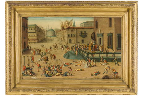 ANTOINE CARON (attr. a): (Beauvais, 1521 - Parigi, 1599) Il massacro dei Triumviri Olio su tavola, cm 48X77 Formatosi alla scuola di Fontainebleau con il Primaticcio e Nicol&#242; dell'Abate tra il 1540 e il 1550, Antoine Car