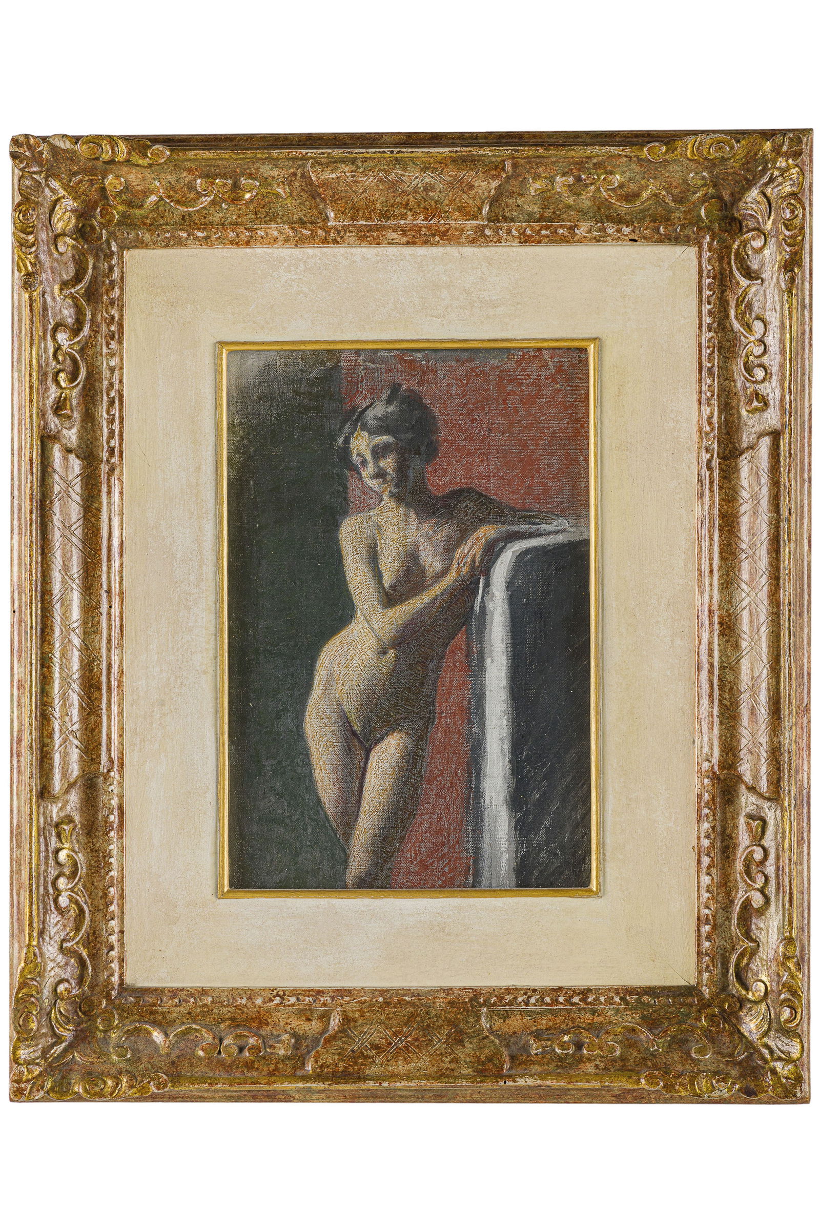 ANGELO MORBELLI: Alessandria, 1853 - Milano, 1919 Nudo femminile Olio su tela applicata su tavola, cm 33,4X23,3 Provenienza: Milano, Finarte, 17 giugno 1998, lotto 262 Milano, collezione privata Bibliografia: Il dipin