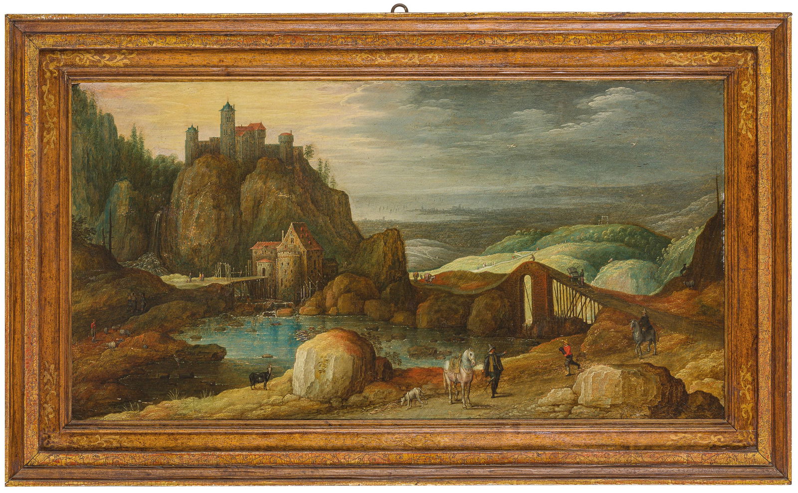 TOBIAS VERHAECHT: (Anversa, 1561 - 1631) Paesaggio montuoso con lago e ponte (1600 circa) Olio su tavola, cm 39X74 Provenienza: Londra, mercato antiquario Torino, Galleria Caretto, 1976, n. 64 Genova, collezione privat