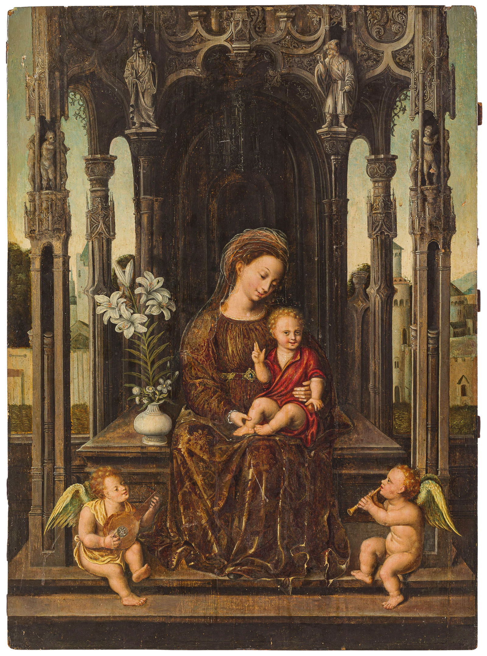 JAN GOSSAERT (seguace di): (Maubeuge, 1478 - Anversa, 1532) Madonna con il Bambino e angeli musicanti Olio su tavola, cm 93X67,5 Provenienza: Genova, collezione privata Dall'inequivocabile carattere fiammingo, la tavola si rico