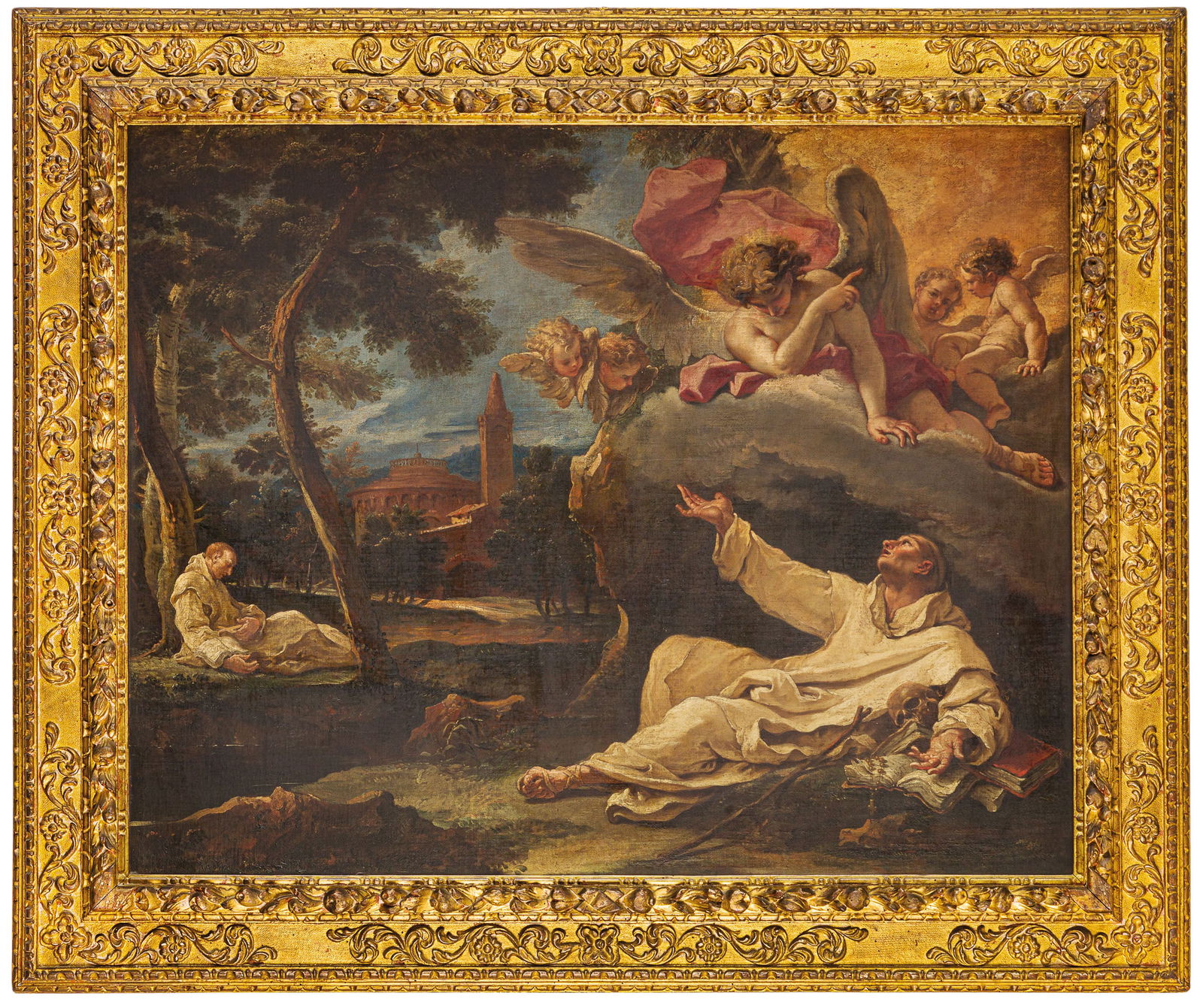 SEBASTIANO RICCI: (Belluno, 1659 - Venezia, 1734) MARCO RICCI (per il brano di paesaggio) (Belluno, 1676 - Venezia, 1730) Visione di San Bruno Olio su tela, cm 100X126 Provenienza: Venezia, collezione del conte Algarot