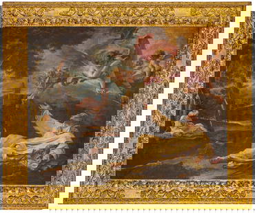 SEBASTIANO RICCI: (Belluno, 1659 - Venezia, 1734) MARCO RICCI (per il brano di paesaggio) (Belluno, 1676 - Venezia, 1730) Visione di San Bruno Olio su tela, cm 100X126 Provenienza: Venezia, collezione del conte Algarot