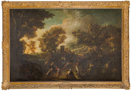 MARCO RICCI: (Belluno, 1676 - Venezia, 1730) Paesaggio con Ippomene e Atalanta Olio su tela, cm 130X201 Provenienza: Padova, Galleria le tre Venezie (1943) Milano, collezione privata Bibliografia: Pittura Barocca