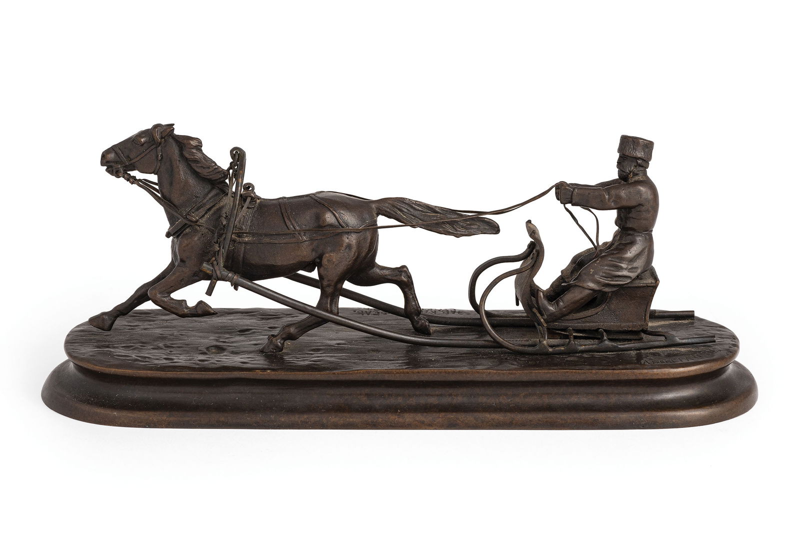 GRUPPO IN BRONZO, SAN PIETROBURGO, XIX-XX SECOLO,: ATTRIBUITO A VASILI YAKOVLEVICH GRACHEV (RUSSIA, 1831-1905), FONDERIA WOERFFEL raffigurante cosacco su slitta; difetti Alt. cm 10, lung. cm 24 A RUSSIAN BRONZE GROUP, ST. PETERSBURG, 19th-20th CENTURY