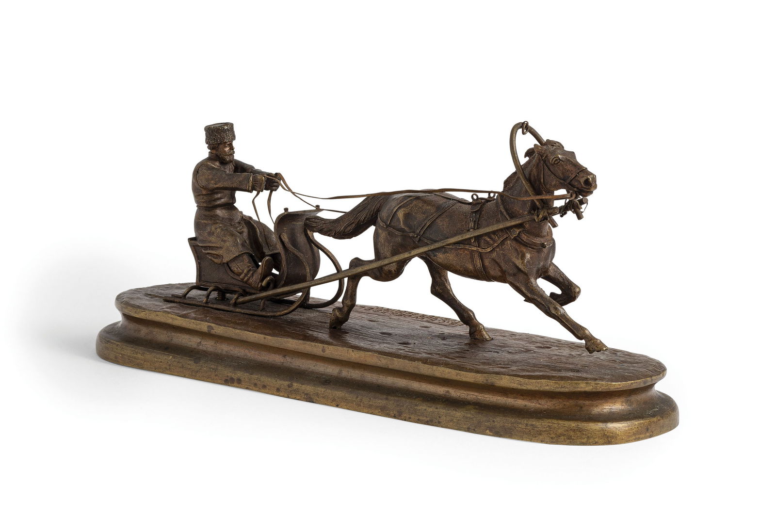 GRUPPO IN BRONZO, SAN PIETROBURGO, XIX-XX SECOLO,: ATTRIBUITO A VASILI YAKOVLEVICH GRACHEV (RUSSIA, 1831-1905), FONDERIA WOERFFEL raffigurante cosacco su slitta; difetti Alt. cm 10, lung. cm 24 A RUSSIAN BRONZE GROUP, ST. PETERSBURG, 19th-20th CENTURY