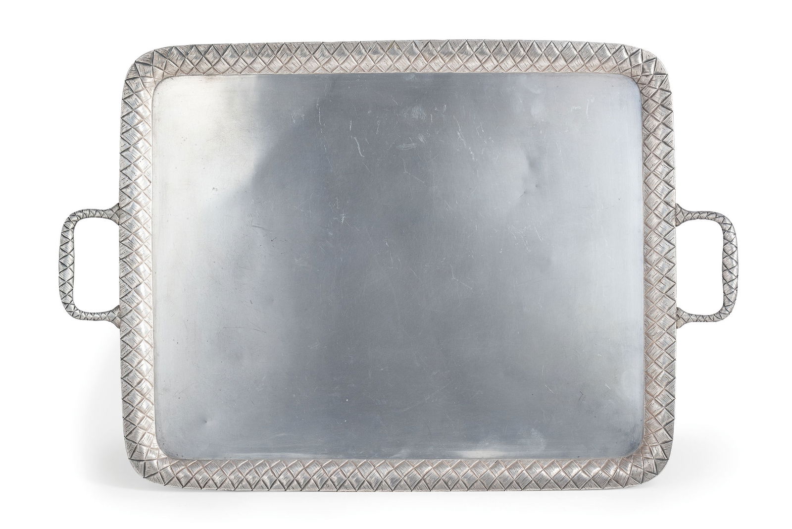 VASSOIO A DUE MANICI IN ARGENTO, S. PIETROBURGO, 1884,: ORAFO GRACHEV, CHEF J. OLSONIUS di forma rettangolare con bordo e manici a trompe l'oeil; difetti Larg. cm 59, prof. cm 39; peso gr 2063 A RUSSIAN SILVER TRAY, ST. PETERSBURG, 1884, MARKS OF GRACHEV,