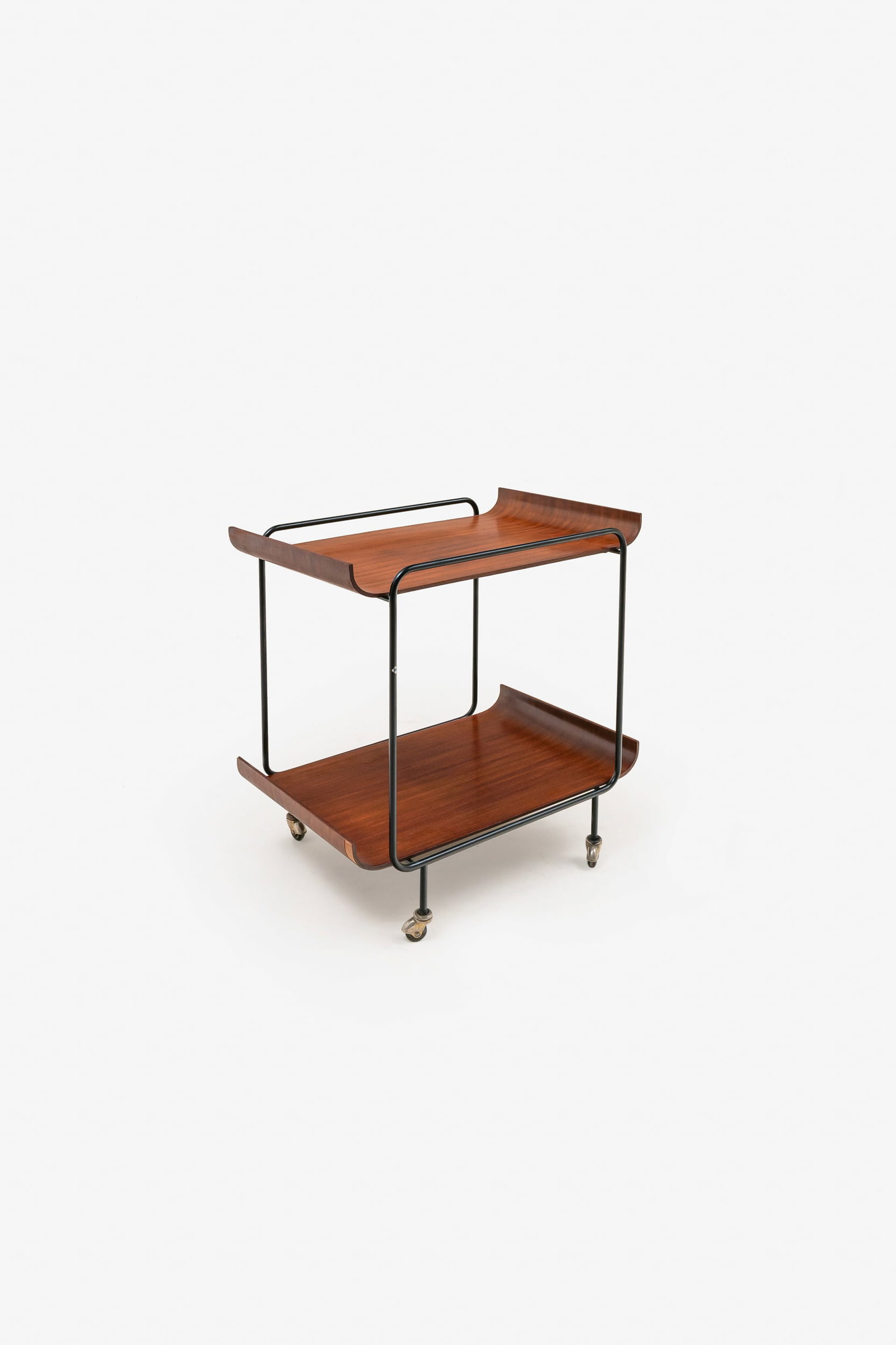 FRANCO CAMPO & CARLO GRAFFI: Carrello. Metallo smaltato, compensato curvato. Prod. Home Torino, Italia, 1960 circa. Decalcomania della manifattura. cm 66,5x64x44 A TROLLEY BY F. CAMPO& C.GRAFFI Buone condizioni. Segni di usura, p