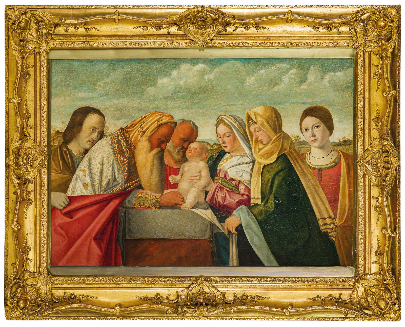 GIOVANNI BELLINI (seguace di/MARCO BELLO? Venezia,: 1470 circa - Udine, 1523) (Venezia, 1430 circa - 1516) Circoncisione Olio su tavola trasportata su tela, cm 78,5X112,5 Provenienza: Milano, collezione Lattuada Roma, Christie's, 27 maggio 1987, lotto