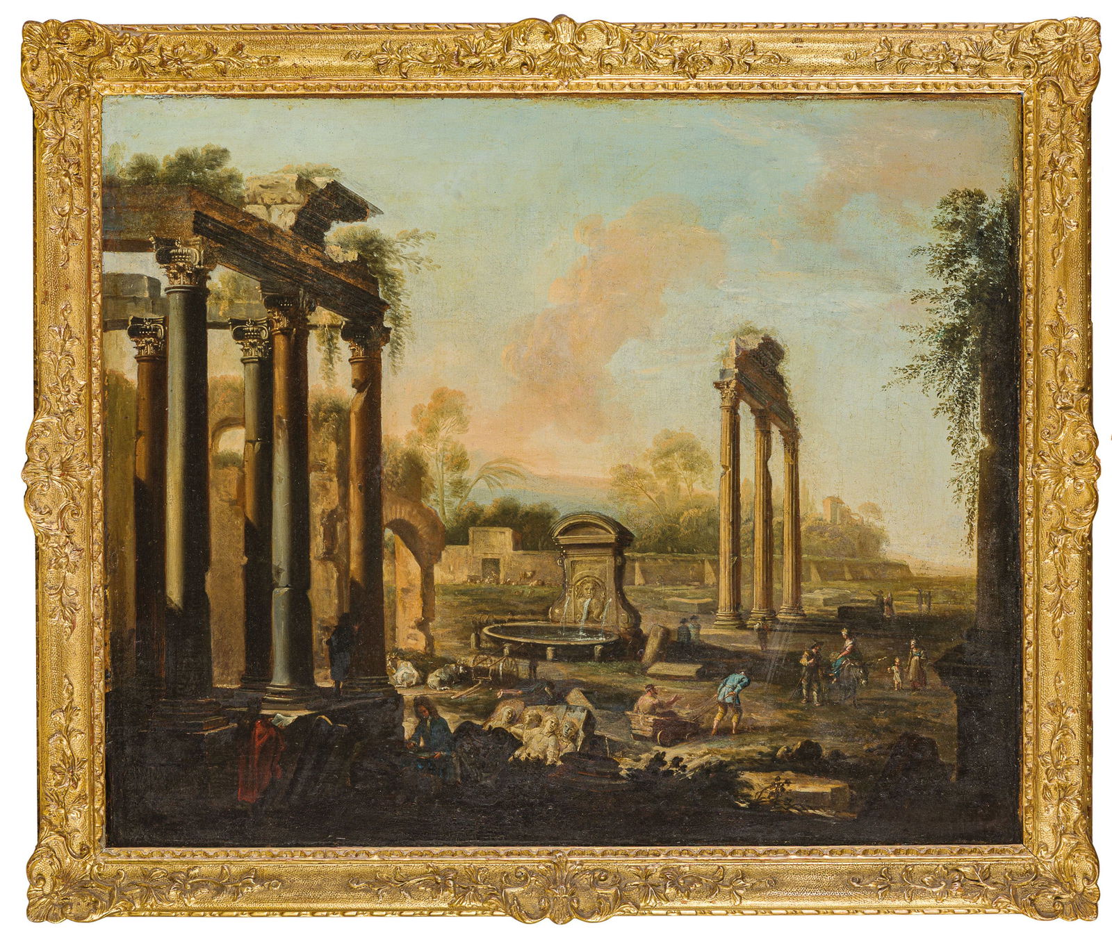 ISAAC DE MOUCHERON (?): (Amsterdam, 1667 o 1670 - 1744) Veduta di Campo Vaccino con la Fontana di Giacomo della Porta e artisti al lavoro Olio su tela, cm 61X75 Provenienza: Collezione privata Il dipinto raffigura Campo Vacc