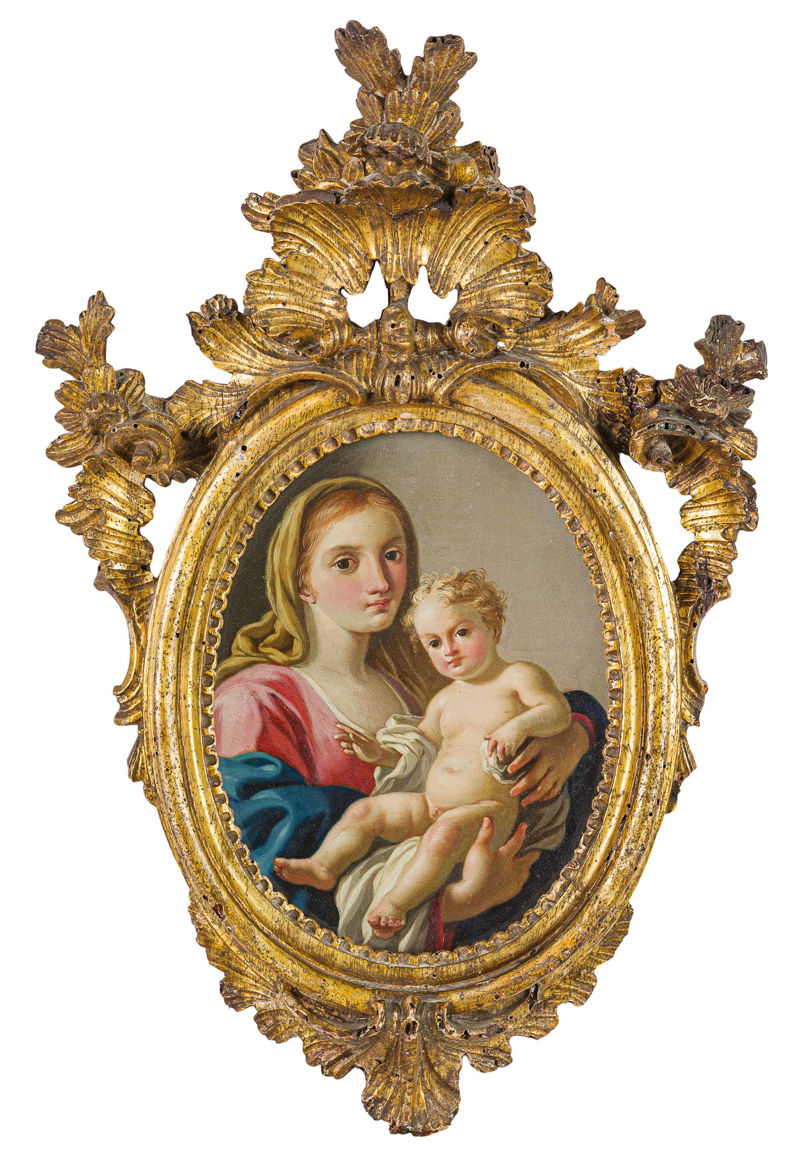 PIETRO BARDELLINO: (Napoli, 1728 - 1810) Madonna con il Bambino Olio su rame, cm 25,2X19,2 Il dipinto presenta un'eccellente conservazione e la qualità motiva l'attribuzione collezionistica a Francesco de Mura (Nap