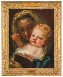 GIANDOMENICO TIEPOLO: (Venezia, 1727 - 1804) Madonna con il Bambino Olio su tela, cm 43X32,5 Provenienza: Vienna, Dorotheum, 9 giugno 2021, lotto 169 (Giovanni Domenico Tiepolo) Allievo e collaboratore del padre Giambattis