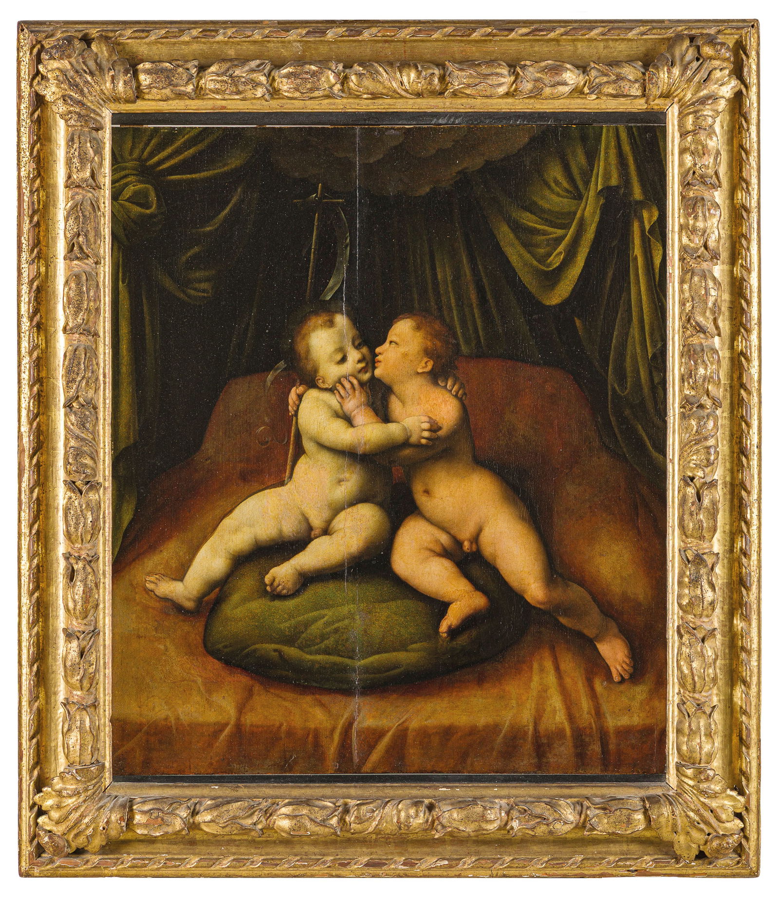 JOOS VAN CLEVE (bottega di): (Anversa, ca. 1485 - 1540/1) Gesù bambino e San Giovannino Olio su tavola, cm 67X58 Provenienza: Genova, collezione Gerolamo Balbi Genova, collezione marchese Zoagli Genova, collezione Mameli Gen