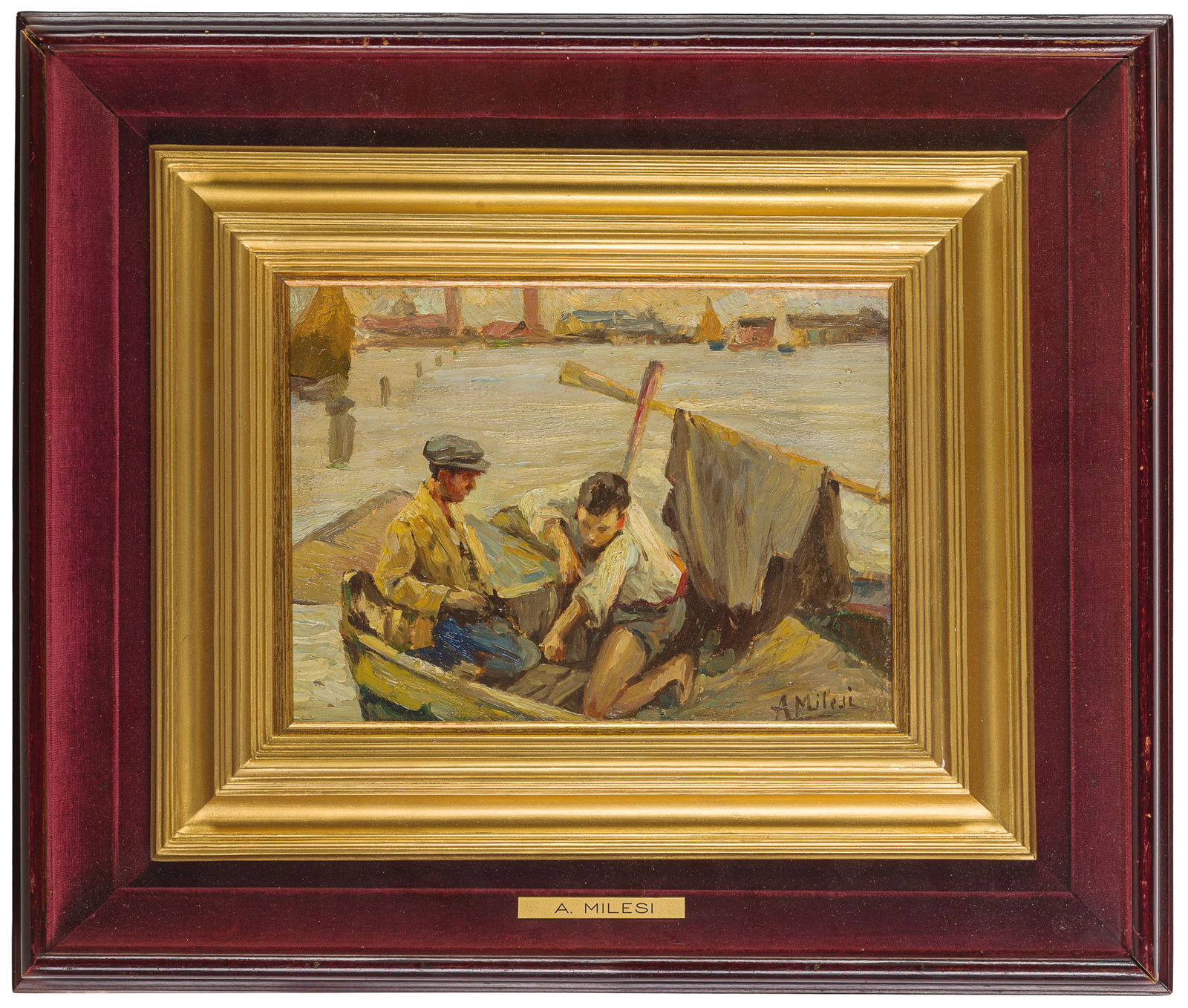 ALESSANDRO MILESI: Venezia, 1856 - 1945 Giovani pescatori in laguna Firmato A Milesi in basso a destra Olio su cartone, cm 18,5X26 Provenienza Genova, Galleria d Arte Permanente e delle Asta, n 56 Milano, collezione pri