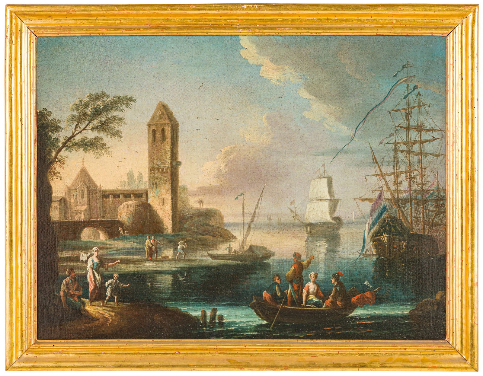 PITTORE PIEMONTESE DEL XVIII SECOLO: Marina con vascelli e chiesa Olio su tela, cm 58X77,5 Bibliografia: A. Cifani, F. Monetti, I Piaceri e le Grazie. Collezionismo, pittura di genere e di paesaggio fra Sei e Settecento in Piemonte, Tori