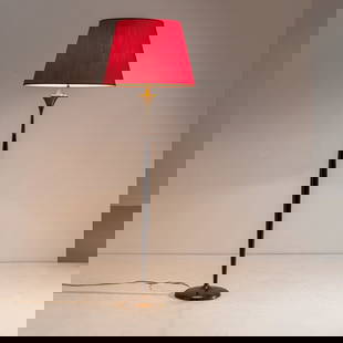 STILNOVO: Lampada da terra. Ottone, legno ebanizzato, tessuto. Italia anni '50. senza paralume cm 182x32 A FLOOR LAMP BY STILNOVO Buone condizioni generali. Piccole righe, leggeri graffi, normali segni di usura
