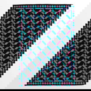 OTTAVIO MISSONI: Tappeto meccanico. Lana, cotone e fibre sintetiche intrecciate. Italia, anni '80. Etichetta con firma sul retro. cm 235x165 ca. A CARPET BY O. MISSONI Condizioni molto buone, necessit&#224; eventuale
