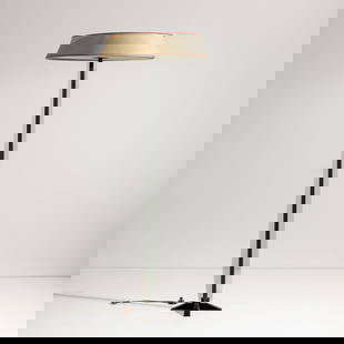 MAX INGRAND: Lampada da terra mod. 2047. metallo verniciato, cristallo molato, vetro satinato, alluminio verniciato, tessuto. Produzione Fontana Arte anni '60. cm 183x70 A FLOOR LAMP BY M. INGRAND Quadderni di Fon