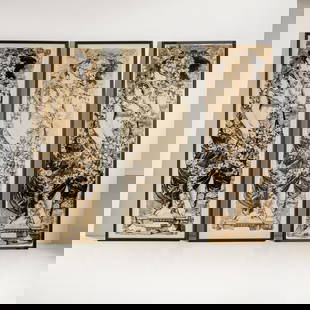 PIERO FORNASETTI: Tre pannelli. Nobilitato di legno e laminato serigrafato. Produzione Atelier dell'artista 1956 ca. Certificato di autenticit&#224; Archivio Fornasetti. con cornice cm 205x73x6 ciascun pannello THREE W