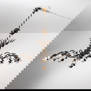 STILNOVO: Lampada a sospensione. Ottone. Italia anni '50. cm 95x96 A CEILING LAMP BY STILNOVO Condizioni molto buone. Segni d'usura, piccole righe, ossidazione diffusa. Piccole mancanze di vernice all'interno d