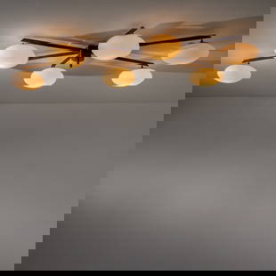 ANGELO LELII: Lampada a sospensione o a parete mod. 6 lune. Ottone, vetro opalino satinato. Produzione Arredoluce, 1961 ca. cm 20x200x110 ca. A CEILING LAMP BY A. LELII Anty Pansera, Alessandro Padoan, Alessandro P
