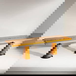 ANGELO MANGIAROTTI: Grande tavolo per casa D. Metallo verniciato, legno di acero, legno esotico, tessere in vari legni di pregio. Italia anni '80. cm 75x261x78 A TABLE BY A. MANGIAROTTI Buone condizioni generali. Piccole