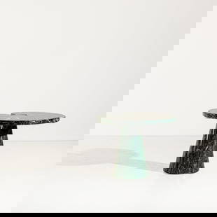 ANGELO MANGIAROTTI: Tavolino della serie Eros. Marmo verde Alpi. Produzione Agape anni '90. cm 40x54x46,5 AN OCCASIONAL TABLE BY A. MANGIAROTTI Casa Amica, 11 maggio 1971, pp.24-24; Domus n.505, dicembre 1971, p. 37; For