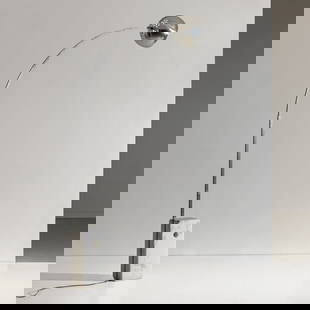 ACHILLE & PIER GIACOMO CASTIGLIONI: Lampada da terra mod. Arco. Marmo bianco di Carrara, metallo cromato. Produzione Flos dal 1962. Altezza max cm 244 ca., larghezza massima cm 200 ca., base cm 55x24x18 paralume altezza cm 18, diametro