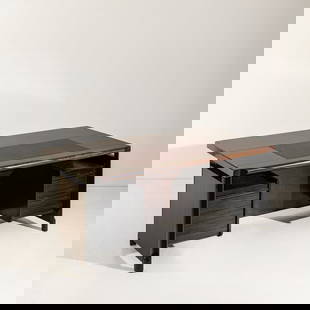 ACHILLE & PIER GIACOMO CASTIGLIONI: Scrivania mod. Savena. Legno lamellare lastronato in legno esotico, metallo verniciato, legno di rovere tinto a poro aperto. Produzione Gavina 1958 ca. cm 73x171x100 A DESK BY A. & P. CASTIGLIONI S. P